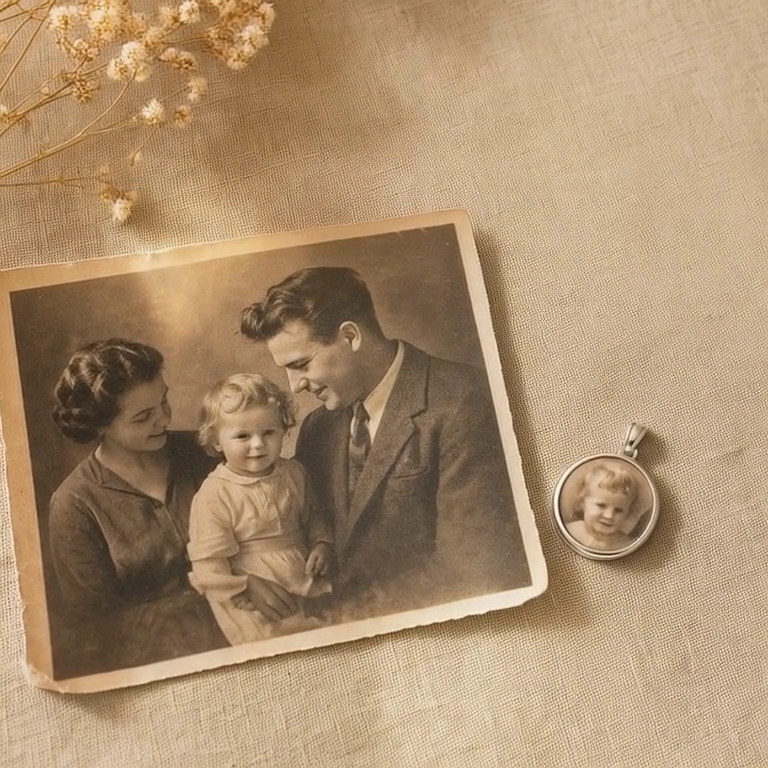 An old family photograph beside an Evercarry charm made from it
