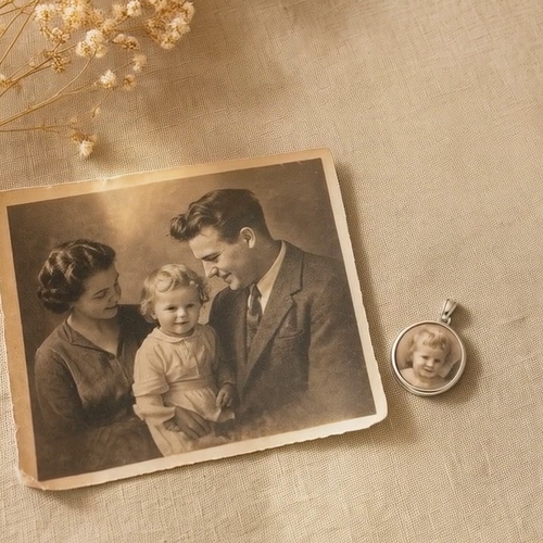 An old family photograph beside an Evercarry charm made from it